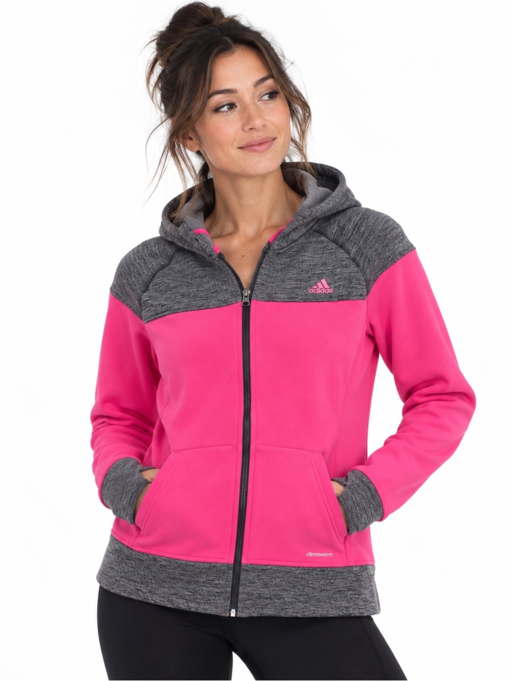 Adidas ClimaWarm Pink Gray Colorblock Full Zip Hoodie Jacket Size L